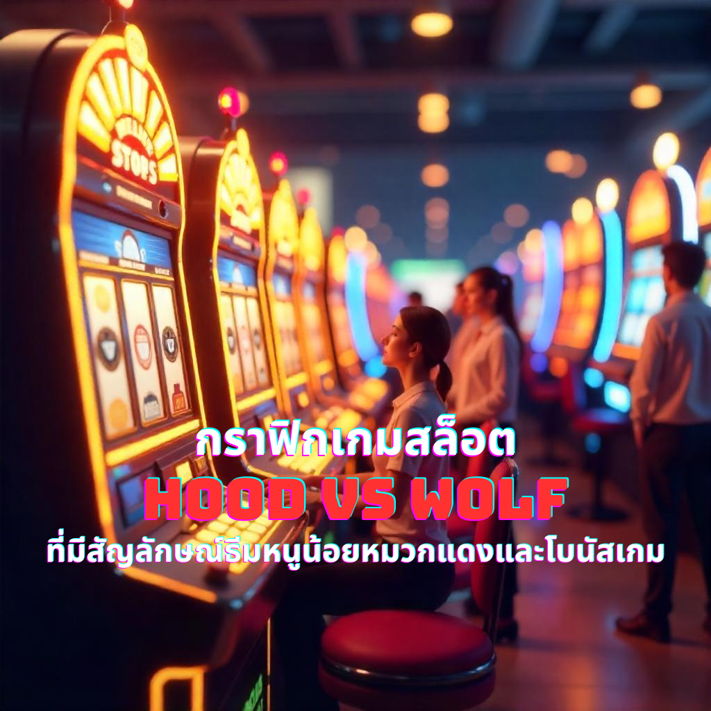 กราฟิกเกมสล็อต Hood vs Wolf ที่มีสัญลักษณ์ธีมหนูน้อยหมวกแดงและโบนัสเกม
